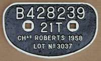 <b>Wagon plate </b> from Chas. Roberts wagon at Arnott Young, Dalmuir for breaking.<br><br>[Alistair MacKenzie 01/02/1980]