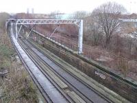 Does anyone know why the trackbed is concrete? Lower line is the Glasgow Central Railway with the redundant Switchback Line rising to Dalmarnock on the right.<br><br>[Colin Harkins 10/02/2007]