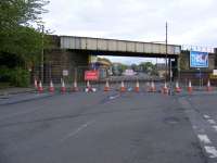 View from Dalmarnock Road looking east. Traffic cones have closed off the road on both sides of the soon to be dismantled bridge! The new EERR will follow the former route of the switchback line from here through to the M80 at Provan. <br>
<br><br>[Colin Harkins 27/04/2009]