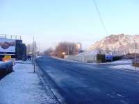 Looking along Dalmarnock Road on a cold December afternoon. The mound on the right is all that remains of the arches that carried the Switchback line. <br><br>[Colin Harkins 28/12/2009]
