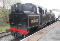 <h4><a href='/locations/R/Rawtenstall'>Rawtenstall</a></h4><p><small><a href='/companies/E/East_Lancashire_Railway'>East Lancashire Railway</a></small></p><p>Having completed the run-round manouevre, 80080 is now waiting to depart from Rawtenstall station with the return train to Bury Bolton Street on the East Lancashire Railway, on 5th April 2016. This is one of a batch of 155 2-6-4Ts designed by R.A. Riddles (Robert Arthur Riddles (1892-1983) and known to his friends as Robin). They were built between July 1951 and November 1956. These locomotives were a familiar sight in the London area for many years on services from Fenchurch Street to Tilbury, Southend-on-Sea and Shoeburyness prior to the electrification of the line in 1962. 12/17</p><p>05/04/2016<br><small><a href='/contributors/David_Bosher'>David Bosher</a></small></p>