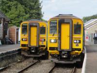 <h4><a href='/locations/L/Llandrindod_Wells'>Llandrindod Wells</a></h4><p><small><a href='/companies/C/Central_Wales_Railway'>Central Wales Railway</a></small></p><p>153323 to Shrewsbury, and 153353 to Swansea, crossing in the loop at Llandrindod Wells station, on the single-track Heart of Wales Line, on 2nd September 2017. 54/75</p><p>02/09/2017<br><small><a href='/contributors/David_Bosher'>David Bosher</a></small></p>