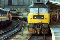 Arrival from the north at Carlisle. Brought by 47 as the WCML was closed.<br><br>[Ewan Crawford 26/11/1988]
