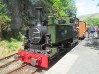 <h4><a href='/locations/N/Nant_Gwernol'>Nant Gwernol</a></h4><p><small><a href='/companies/T/Talyllyn_Railway'>Talyllyn Railway</a></small></p><p>Talyllyn 0-4-2T No.7 'Tom Rolt' (1991) about to run round at Nant Gwernol on  24th May 2016. This station lacks facilities so trains only pause here long enough for the locomotive to run round before returning to Abergynolwyn for a longer wait at what was, until 1976, the upper terminus of the line with requisite facilities. Nant Gwernol sits at the bottom of the former Bryn Eglwys incline and has no road access but there are several footpaths that have been opened up on and off the incline and back to Abergynolwyn.  32/75</p><p>24/05/2016<br><small><a href='/contributors/David_Bosher'>David Bosher</a></small></p>