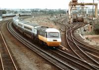 A southbound HST passing a busy Portobello Freightliner terminal in 1978.<br><br>[John Furnevel 26/10/1978]