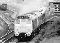 The up Royal Train 1X00 passing Dumfries south signal box in March 1972, hauled by a pair of immaculate looking type 2 diesel locomotives.<br><br>[John Furnevel 24/03/1972]