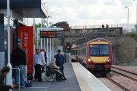 A train from Glasgow via Stirling arrives at Alloa station on 19 May 2008, the first day of public service on the recently reopened line.<br><br>[Ewan Crawford 19/05/2008]