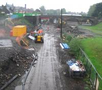 Work underway at Alloa in heavy rain on 5 September 2006. View is west from the old wagonway bridge, looking over the site of the original S&D station (1850-1968). [See image 6473] <br><br>[John Furnevel 05/09/2006]