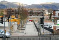 A tree-lined avenue now forming part of the pedestrian access to the new Alloa station on 10 April as construction work goes on all around.<br><br>[John Furnevel 10/04/2007]