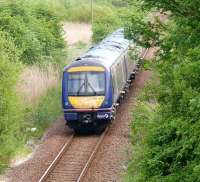 170401 the first turbostar heads east through Grange of Lindores. 1305 Perth to Glasgow diverted via Ladybank.<br><br>[Brian Forbes 07/05/2007]