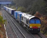 WHM Grangemouth - Aberdeen containers approaching Perth on 15 November behind DRS 66405. <br><br>[Bill Roberton 15/11/2007]