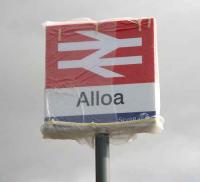 Still under wraps - the new Alloa station sign at the entrance from the ring road on 28 February 2008.<br><br>[John Furnevel 28/02/2008]