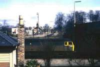 View east over Dumfries station in 1971 as class 47 D1628 pauses with a southbound train.<br><br>[John McIntyre //1971]