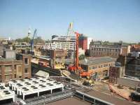 Work on a new bridge that will carry the East London Line extension over New Inn Yard, Shoreditch.<br><br>[Michael Gibb 08/05/2008]