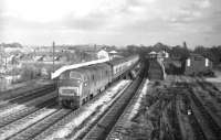 A rare scene on the ex-Great Central route at Sudbury and Harrow Road in the London suburbs in the 1960s. Maroon WR <I>Warship</I> D844 <I>Spartan</I> heads north with the 13.25 London - Birmingham service operating, on this occasion, from Marylebone as opposed to the normal Paddington. [Thanks to all respondents - with a special thank you to Martin Smith, Robert Heron and Dave Winter of the Great Western Society for their help in finally nailing this one.]<br><br>[Robin Barbour Collection (Courtesy Bruce McCartney) //]
