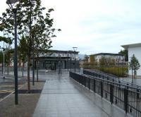 Tree-lined avenue in the rain. The main pedestrian approach to Alloa station on 1 July 2008 with the next train to Glasgow Queen Street at the platform.<br><br>[Veronica Inglis 01/07/2008]