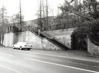 The impressive stone frontage of Balquhidder station alongside the A84 in November 1999 - access to other platforms was via the underpass bottom right.<br><br>[John Furnevel 01/11/1999]