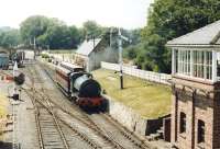No 14 with a single coach about to run past the signal box at Beamish in the summer of 1980.<br><br>[John Furnevel 06/06/1980]