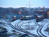 Looking west to Thornaby shed on a cold winter evening in 2004.<br><br>[Ewan Crawford 28/02/2004]