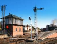 Wide view of the modern Boness station and signal box. To the left of the starting semaphore is a rarely seen reception hanger, onto which the incoming single line token ring is looped by the train crew.<br><br>[Brian Forbes 04/10/2008]