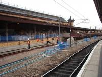 Sunday morning view south along Platform 9 at York, which sits just outside the main trainshed, showing the refurbishment work and the volume of materials piled along the full length of the platform. <br><br>[Mark Bartlett 12/10/2008]