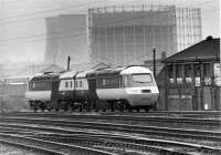 Brand new HST power cars 43143 and 43144 at Saltley in January 1981. They were taken into service the following month and so are either on test here or being delivered from BREL Crewe where they were built.<br><br>[Mark Bartlett 21/01/1981]