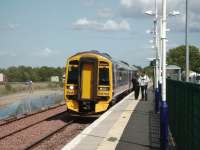 158 708 pulls into Uphall with a Waverley - Bathgate service on 20 June 2008 with the new up line in place and construction work in progress.<br><br>[David Panton 20/06/2008]