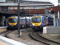A pair of class 185 DMUs standing at platforms 9 and 10 at York on 17 February.<br><br>[Brian Forbes 17/02/2009]