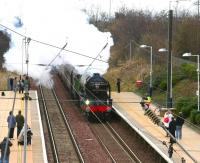 A1 Pacific 60163 <I>Tornado</I> runs west through Wallyford on 28 February with the <I>Auld Reekie Express</I> bound for Edinburgh Waverley. [The plate being carried above the buffer beam is a tribute to the late Wreford Voge, a former partner with Ernst & Young and Trustee of the A1 Steam Locomotive Trust from its formation until his recent death.]  <br>
<br><br>[John Furnevel 28/02/2009]