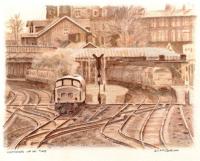 Watercolour painting by Dumfries artist Dennis McCallum entitled <I>Catching up on time</I> showing a train leaving the north end of Dumfries station in the early 1970s. [Editor's note: The painting is based on an old photograph [see image 3438] about which Dennis contacted me through the website asking permission to use it as the basis for this work. He has kindly sent me one of the limited edition prints based on the original painting. His father was a driver at Dumfries shed.]     <br><br>[Dennis McCallum 17/08/2009]