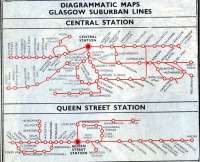 A section of the Glasgow suburban map from the BR (Scottish Region) timetable for the period 18 June to 9 September 1962, showing suburban destinations served from Central and Queen Street stations.<br>
<br>
<br><br>[Colin Miller 18/06/1962]
