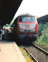 DB 218 284-8 arrives in Travemunde on Germany's Baltic coast in July 2005 with the 1655 train from Lubeck.<br>
<br><br>[John Steven /07/2005]