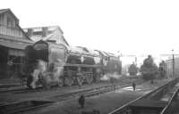 Shed scene at Nine Elms c 1965, featuring rebuilt Bulleid <I>Merchant Navy</I> Pacific no 35017 <I>Belgian Marine</I> standing alongside standard class 5 no 73114 <I>Etarre</I>. The name carried by the class 5 was one of several reassigned to these locomotives by BR Southern Region from withdrawn ex-SR <I>King Arthur</I> class 4-6-0s. (In this case the former 30751, which had been withdrawn by BR in June 1957)  <br><br>[K A Gray //1965]