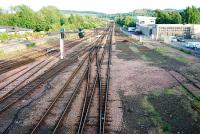 View looking south from St Leonards Bridge. On my every visit there seems to be slightly less track here. The powerbox is built hard by the site of the former NB locomotive shed (now the car park seen to the right).<br><br>[Ewan Crawford 12/07/2009]