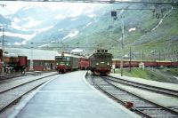 Scene on the Flam Railway at Myrdal in July 1967 with a Bergen - Oslo train arriving on the main line as the locomotive of the Flam branch train runs round.<br><br>[Colin Miller /07/1967]
