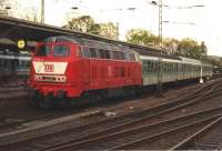 Scene at Remagen in May 1997 with the push-pull train for Altenahr waiting to depart. A solitary diesel in a sea of electrics - and not a multiple unit in evidence anywhere. No doubt all different now.<br><br>[Colin Miller /05/1997]