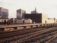 Deltic 55007 <I>Pinza</I> stands with a train at Doncaster station on 29 December 1979 lit by a low winter sun.<br><br>[Peter Todd 29/12/1979]