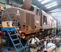 Ex-EWS 37403 (former D6607) photographed on 10 October 2009 in the workshops at Bo'ness, stripped and ready for a rebuild.<br>
<br><br>[David Forbes 10/10/2009]