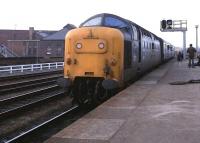Deltic 55013 <I>The Black Watch</I> arriving at York on 14 April 1979 with an ECML service.<br><br>[Peter Todd 14/04/1979]