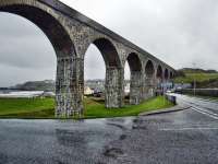 The eight arch viaduct at Cullen looking east, in the rain.<br><br>[John Gray 22/10/2009]