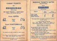 The back of a pocket timetable valid from 18 Jun 1962.1s 4d return,<br>
valid all day, for the three-and-a-half miles from Waverley to Joppa.1s 4d equals 7p. There's no meaningful way of arriving at today's equivalent of past prices, whatever you are led to believe. Cheap though it seems most people still preferred the bus and the station closed in 1964 as did Portobello. Note the income-dependent season ticket rates for 16 to 18 year olds.It would be unthinkable today, and hard to police then; what if you suddenly got a better-paid job, or left education? <br>
<br><br>[David Panton 18/06/1962]