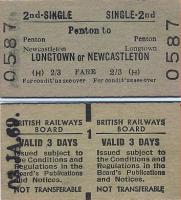 The last ever ticket to be purchased at Penton station - 3 January 1969. [Editor's note: No prizes for guessing who bought the ticket! Penton was a staffed station due to the absence of a footbridge, one requirement being to see passengers safely across the lines between the main station building and the down platform. With Penton signal box closed, signalman <I>'Wink'</I> Henry was on relief duty on that final day and it was he who locked up the booking office for the last time - following which I understand BMcC gave him (and his bike) a lift back to Newcastleton.]   <br>
<br>
<br><br>[Bruce McCartney 03/01/1969]