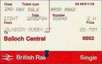 Despite a major change in the issuing system the current credit <br>
card-shaped tickets have changed little since they were introduced <br>
20-odd years ago. They brought in standardised issue and replaced a <br>
number of styles of ticket, including this transitional style, issued at Queen Street for a journey to Balloch Central on 29 September 1984. This design was also credit card-sized but with square corners. Although issued partly electronically they still entailed the clerk fetching a ticket from a large rack of pre-printed destinations as their predecessors had done for 140 years. <br>
<br><br>[David Panton 29/09/1984]