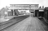 View north through St Boswells station in the mid 1960s. On the right is the bay platform used by trains on the Kelso and Berwick line and immediately to the right of that stands the 2-road locomotive shed [see image 7552].<br><br>[Robin Barbour Collection (Courtesy Bruce McCartney) //]