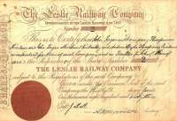 Share certificate issued by The Leslie Railway in 1863. This particular certificate is made out to John Fergus and his partner Andrew Wylie who owned the Prinlaws flax mill at Leslie (a building demolished in the 1960s). The branch lost its passenger service in 1932 but continued to serve the various mills (latterly paper) along the Leven Valley until 1967. [See image 23083]  <br><br>[Ian Dinmore 05/04/2009]