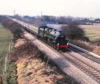 Preserved BR standard class 4 4-6-0 no 75069 with <i>The Red Dragon</i> special on 2 March 1985. The train is seen heading south through Sparcells on the outskirts of Swindon on the Gloucester line.<br><br>[Peter Todd 02/03/1985]