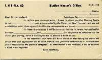 Wartime LMS form 51748, containing information regarding sleeper accommodation on the ______ sleeper to _______ from the station master at ________ dated ________.  <br><br>[Colin Miller 17/03/2005]