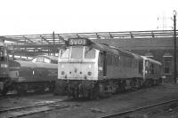 Sulzer Type 2 (class 25) no D7512 on Saltley Shed in November 1969. Sister locomotive no D7604 is attached to one of the short lived brake tenders, designed for use when working non or partially fitted freights.<br><br>[Bill Jamieson 01/11/1969]