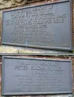 The memorial plaques to Peter Fowler and Gordon Turnbull attached to two of the three sides of the triangular memorial stone above Penmanshiel Tunnel. March 2010. [See image 28041]<br>
<br><br>[John Furnevel 08/03/2010]