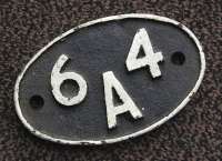 64A St Margarets shed plate last carried by 42128 [see image 28341]. The layout of the lettering is unusual.<br>
<br><br>[Bill Roberton 05/04/2010]